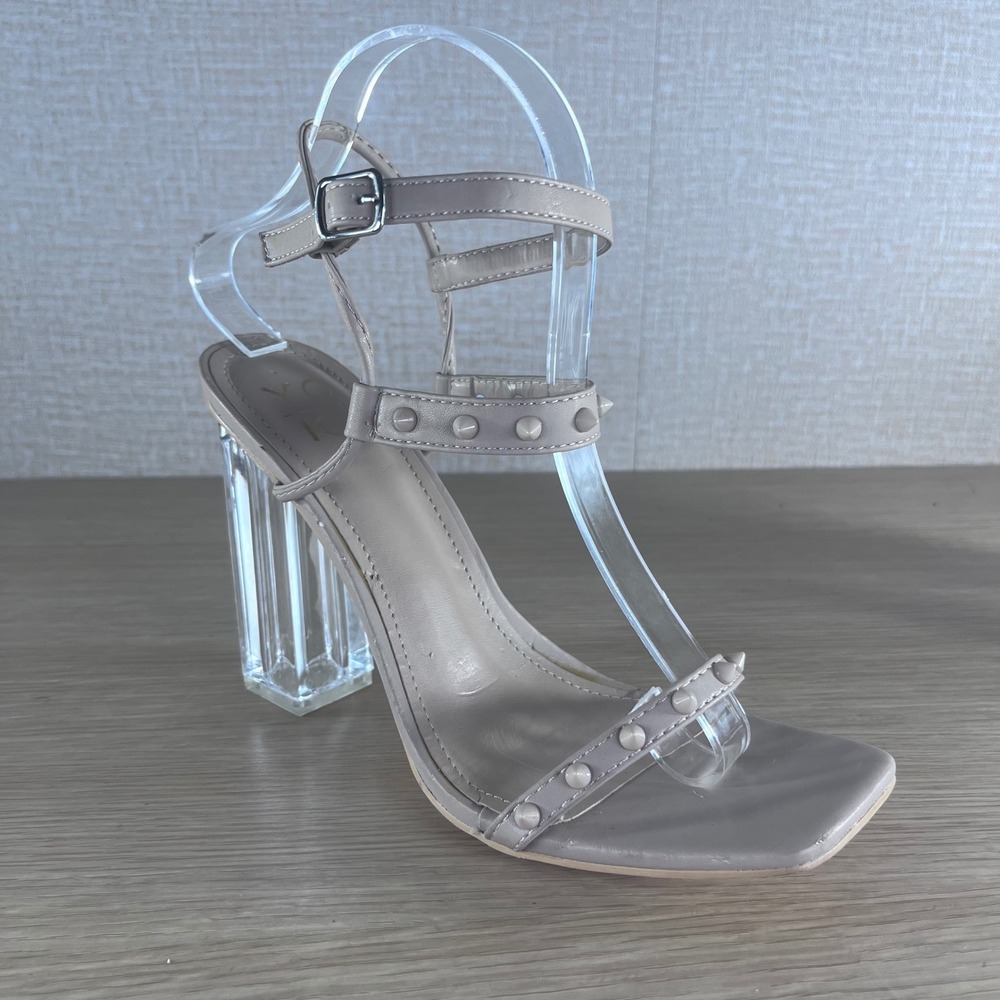 Yoki Thrill-56 Beige Studded Clear Block Heel Square Toe Sandals Womens 9